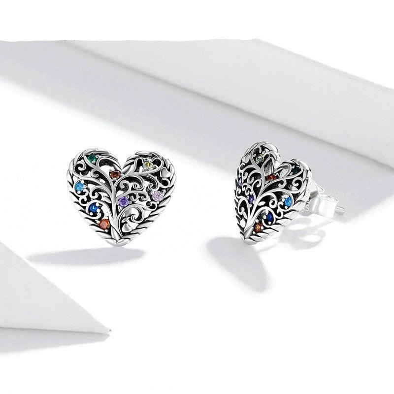 'Tree of Life Hearts' Sterling Silver & CZ Stud Earrings - Sterling Silver Earrings - Allora Jade