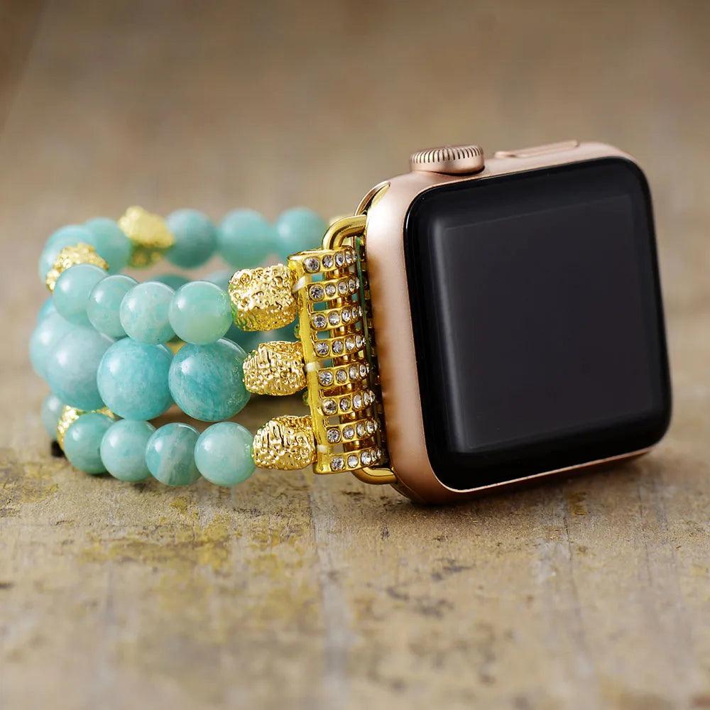 Amazonite Gold Beads Stretchy Apple Watch Band - Apple Watch Bands - Allora Jade