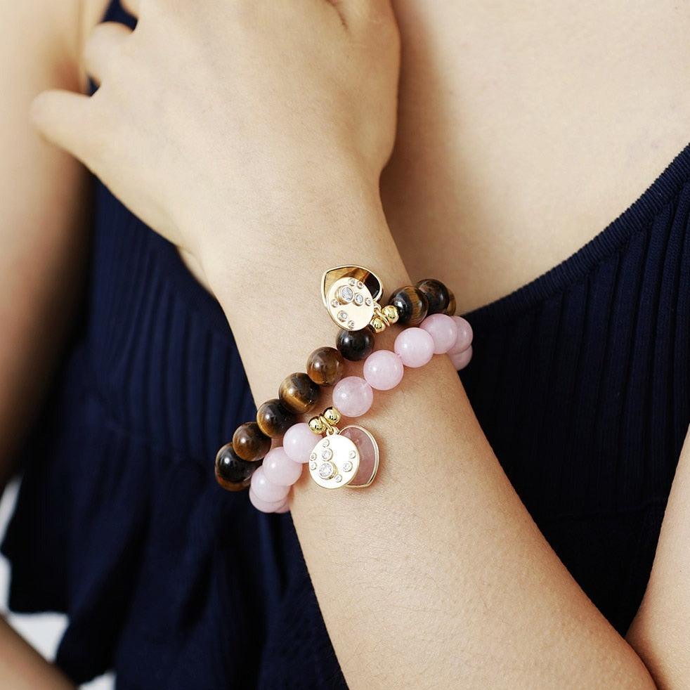 Rose Quartz Heart Charm & Beads Stretchy Bracelet - Womens Bracelets Crystal Bracelet - Allora Jade