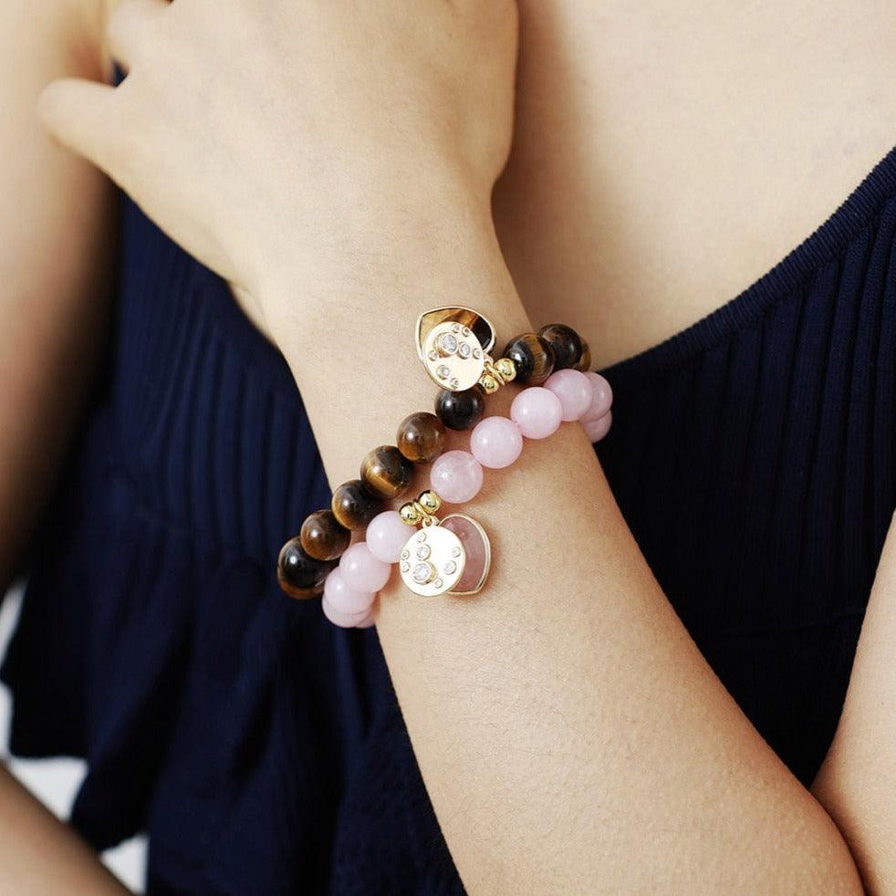 Clear Quartz Heart Charm & Beads Stretchy Bracelet - Womens Bracelets Crystal Bracelet - Allora Jade