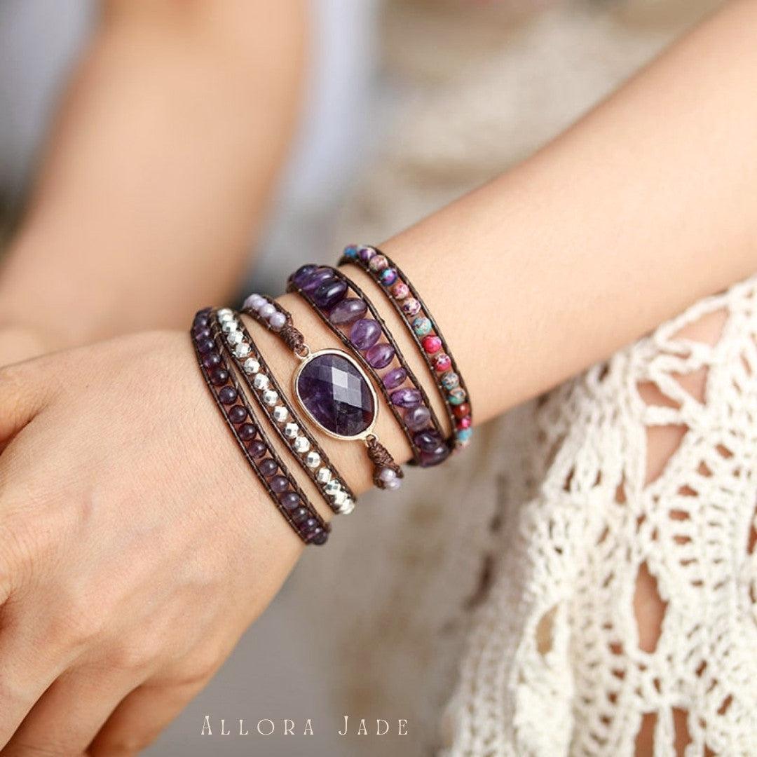 Amethyst Charm & Jasper Wax Cord Wrap Bracelet - Womens Bracelets Crystal Bracelet - Allora Jade