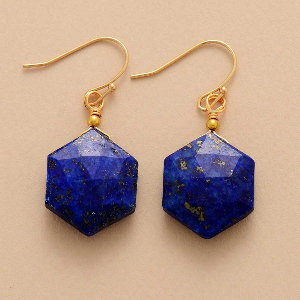 Hexagonal Lapis Lazuli gemstone earrings with gold hooks | ALLORA JADE