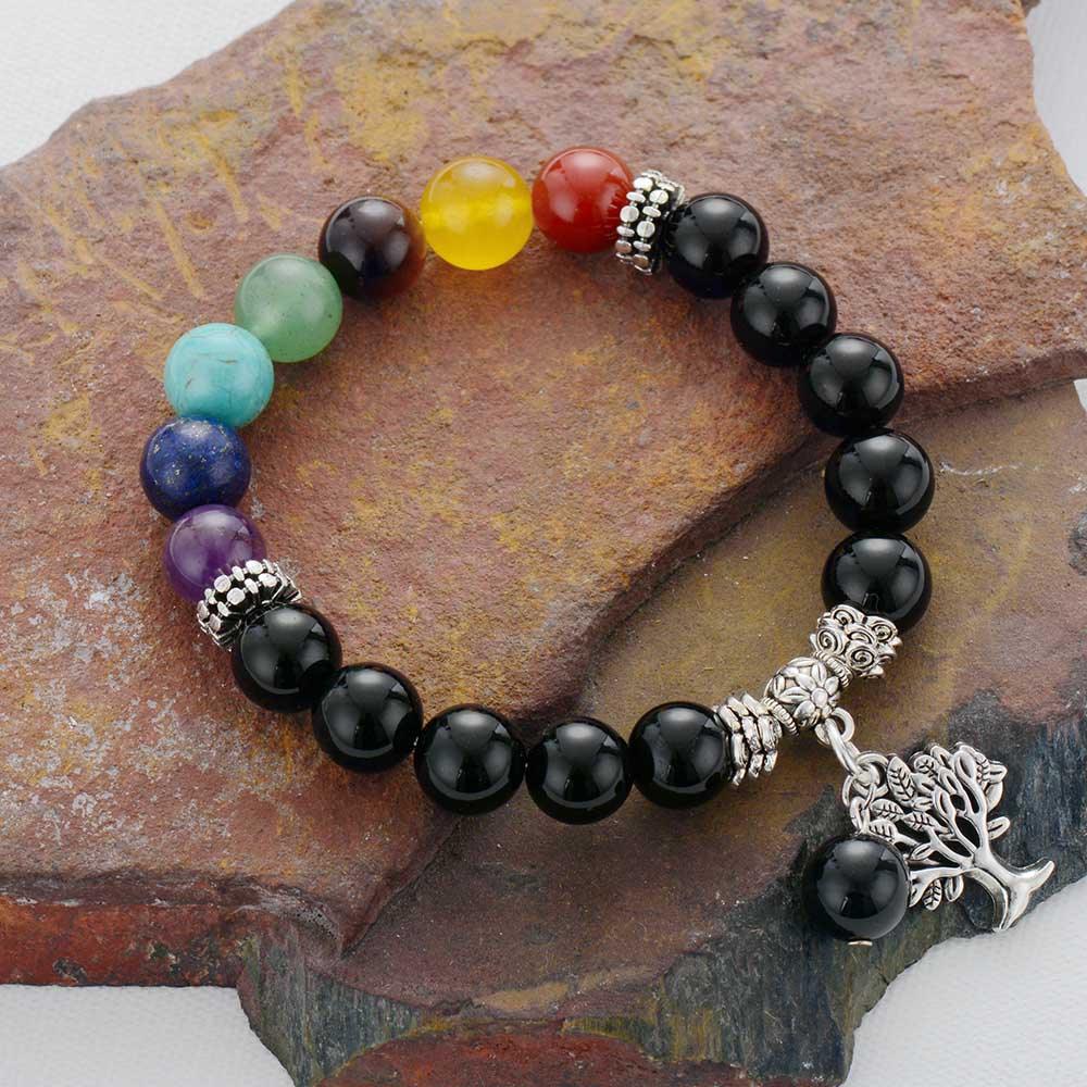 7 Chakra Stretchy Bracelet w/ Tree of Life Charm - Womens Bracelets Crystal Bracelet - Allora Jade