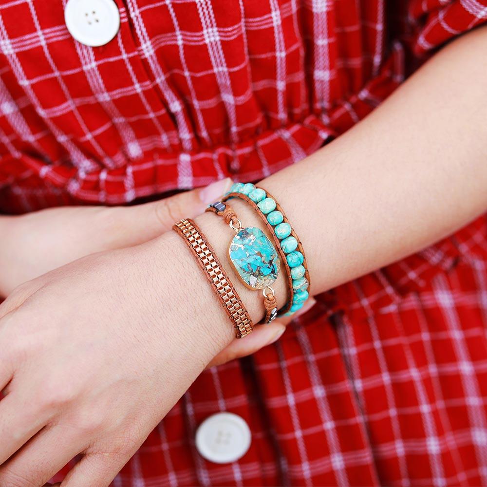 Blue Jasper Beads & Turquoise Charm Wrap Bracelet - Womens Bracelets Crystal Bracelet - Allora Jade