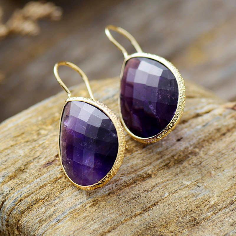 Amethyst Radiance Teardrop Earrings – faceted purple crystal in gold frame. | ALLORA JADE
