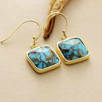 Blue-green turquoise gemstone drop earrings, natural marbling, gold hooks. Turquoise Square Drop Earrings | ALLORA JADE