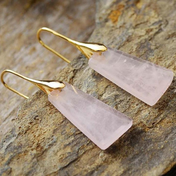 Rose Quartz Ascend Earrings – handcrafted pink gemstone earrings with gold hooks. ALLORA JADE