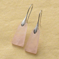 Close-up Rose Quartz Ascend Earrings showing soft blush tones and polished pyramid-cut design. ALLORA JADE