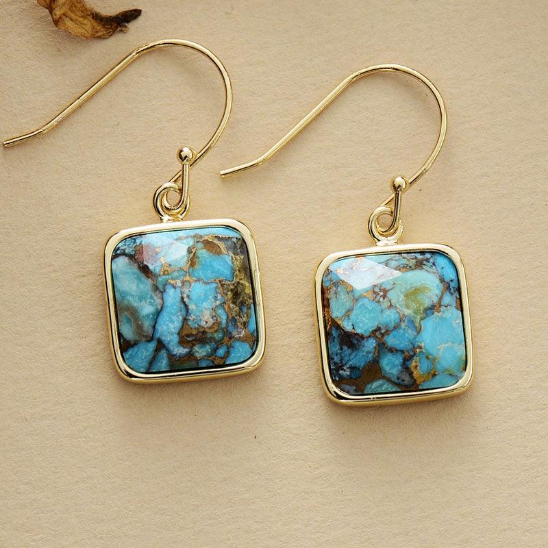 Handmade turquoise square earrings, elegant dangle design, gold finish. Turquoise Square Drop Earrings | ALLORA JADE