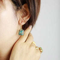 Turquoise square drop earrings with gold frame – handmade crystal jewellery by ALLORA JADE