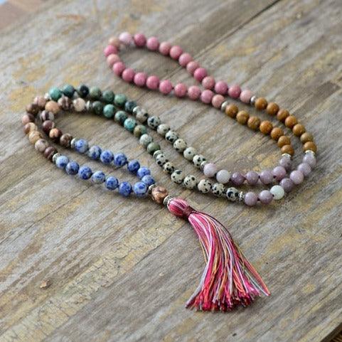 'Pink Tassel' Agate & Jasper 108 Mala Beads Necklace - Womens Necklaces Crystal Necklace - Allora Jade