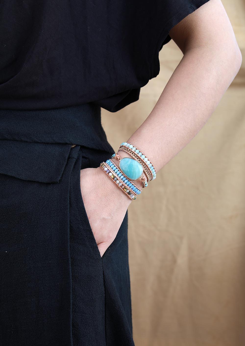 Amazonite Charm Beads & Rhinestones Wrap Bracelet - Womens Bracelets Crystal Bracelet - Allora Jade