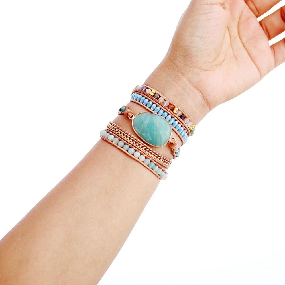 Amazonite Charm Beads & Rhinestones Wrap Bracelet - Womens Bracelets Crystal Bracelet - Allora Jade