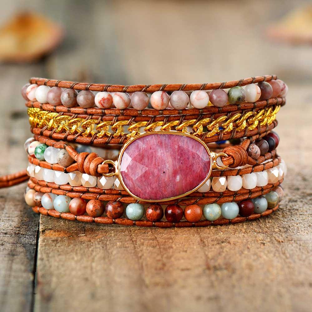 Rhodonite Charm & Mixed Crystals Wrap Bracelet - Womens Bracelets Crystal Bracelet - Allora Jade