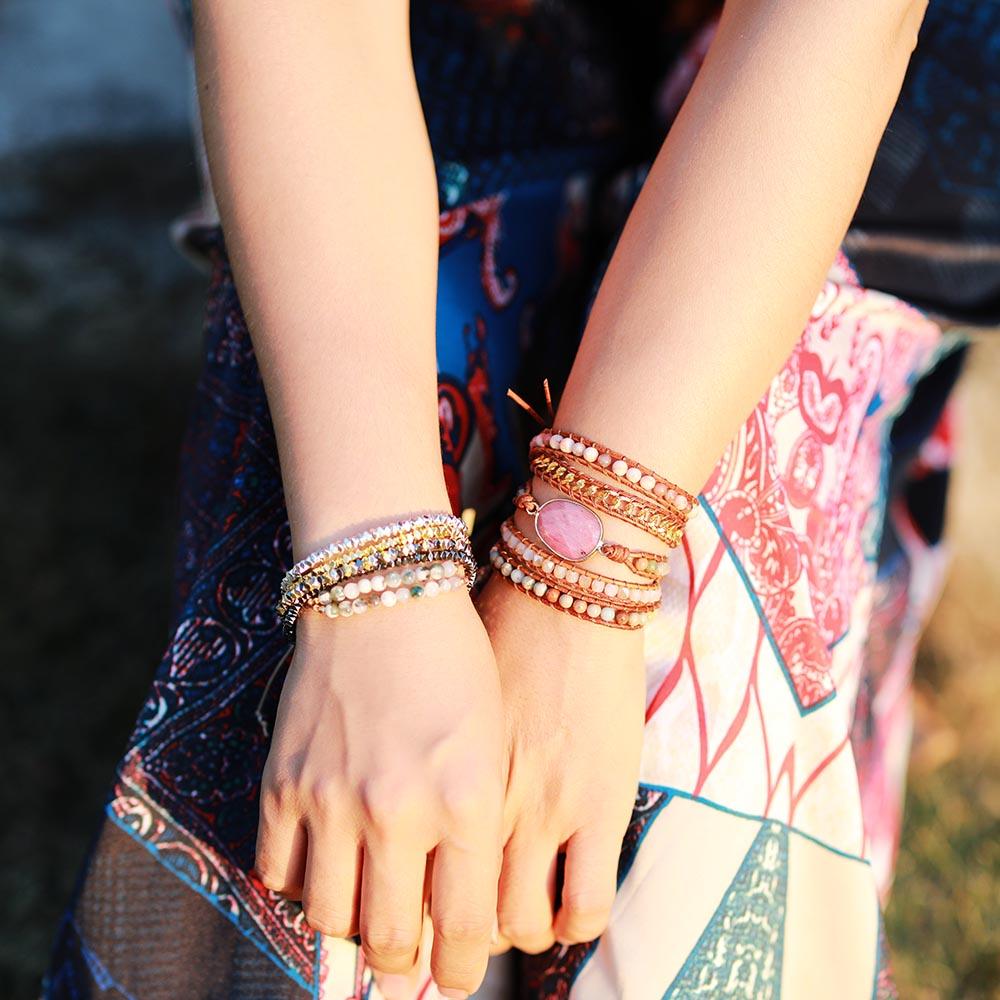 Rhodonite Charm & Mixed Crystals Wrap Bracelet - Womens Bracelets Crystal Bracelet - Allora Jade