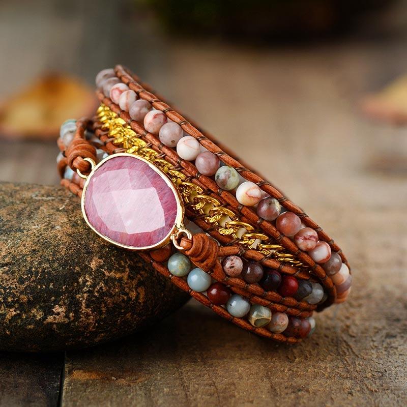 Rhodonite Charm & Mixed Crystals Wrap Bracelet - Womens Bracelets Crystal Bracelet - Allora Jade