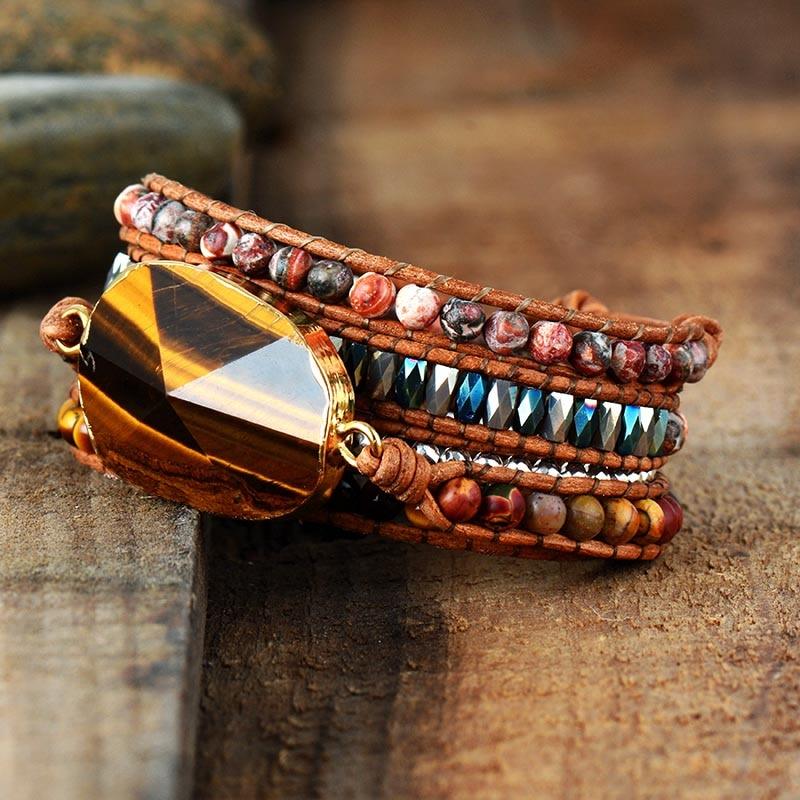 Tiger's Eye Charm & Jasper Wrap Bracelet - Womens Bracelets Crystal Bracelet - Allora Jade