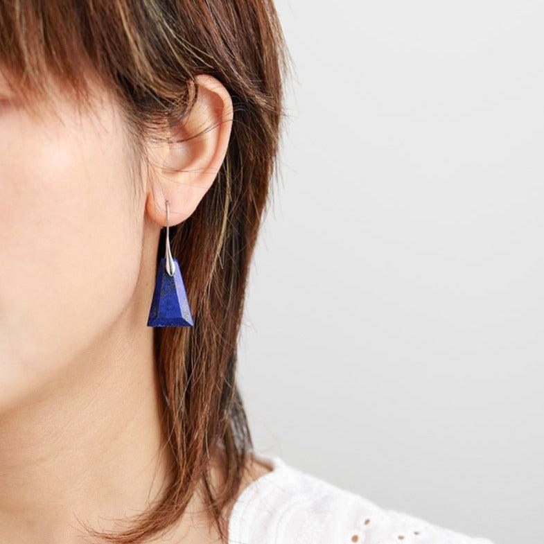 Model wearing Lapis Lazuli Ascend Earrings – deep blue crystal drop earrings with silver hook, handmade by Allora Jade