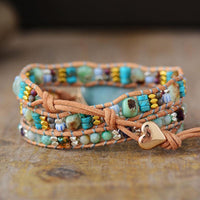Jasper & Amazonite Heart Charm Wrap Bracelet - Womens Bracelets Crystal Bracelet - Allora Jade
