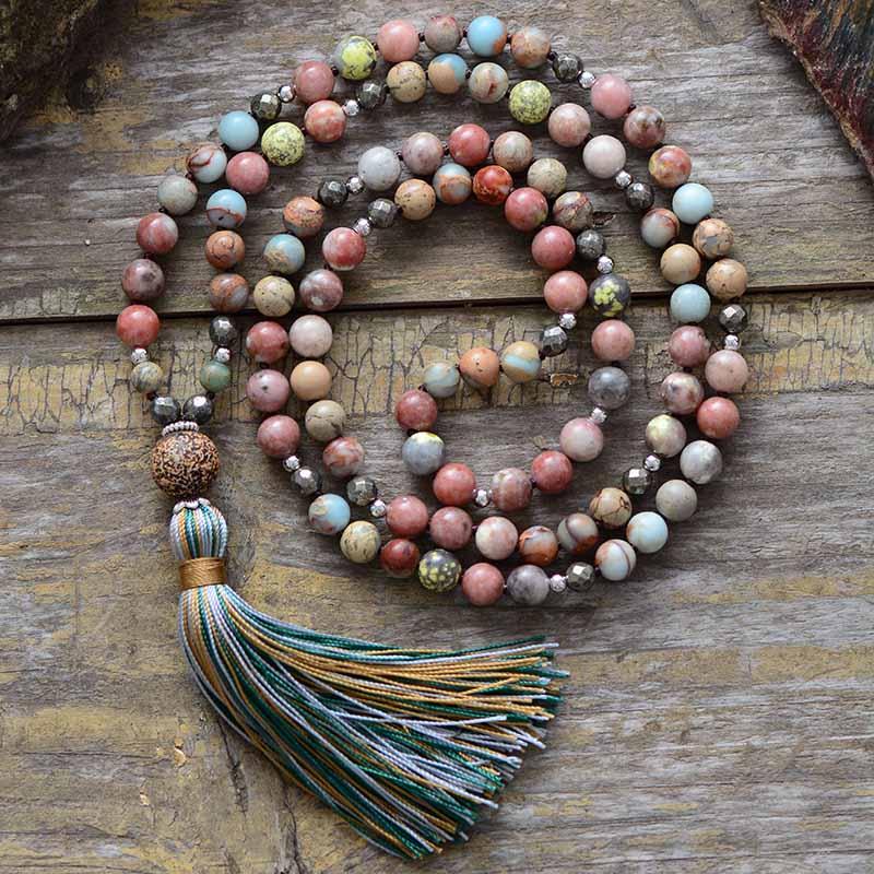 'Pyrite Tassel' Agate & Pyrite 108 Mala Necklace - Womens Necklaces Crystal Necklace - Allora Jade