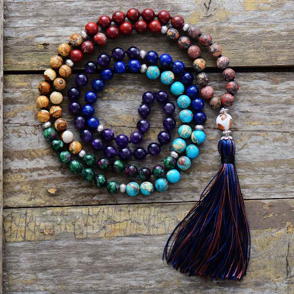 'Azure Tassel' Jasper & Agate 108 Mala Necklace - Womens Necklaces Crystal Necklace - Allora Jade