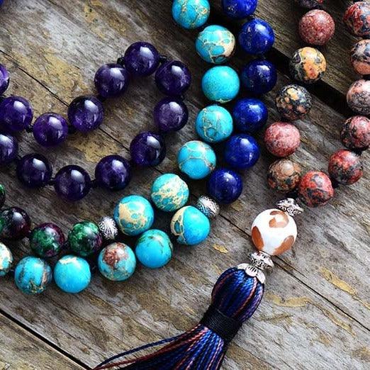 'Azure Tassel' Jasper & Agate 108 Mala Necklace - Womens Necklaces Crystal Necklace - Allora Jade