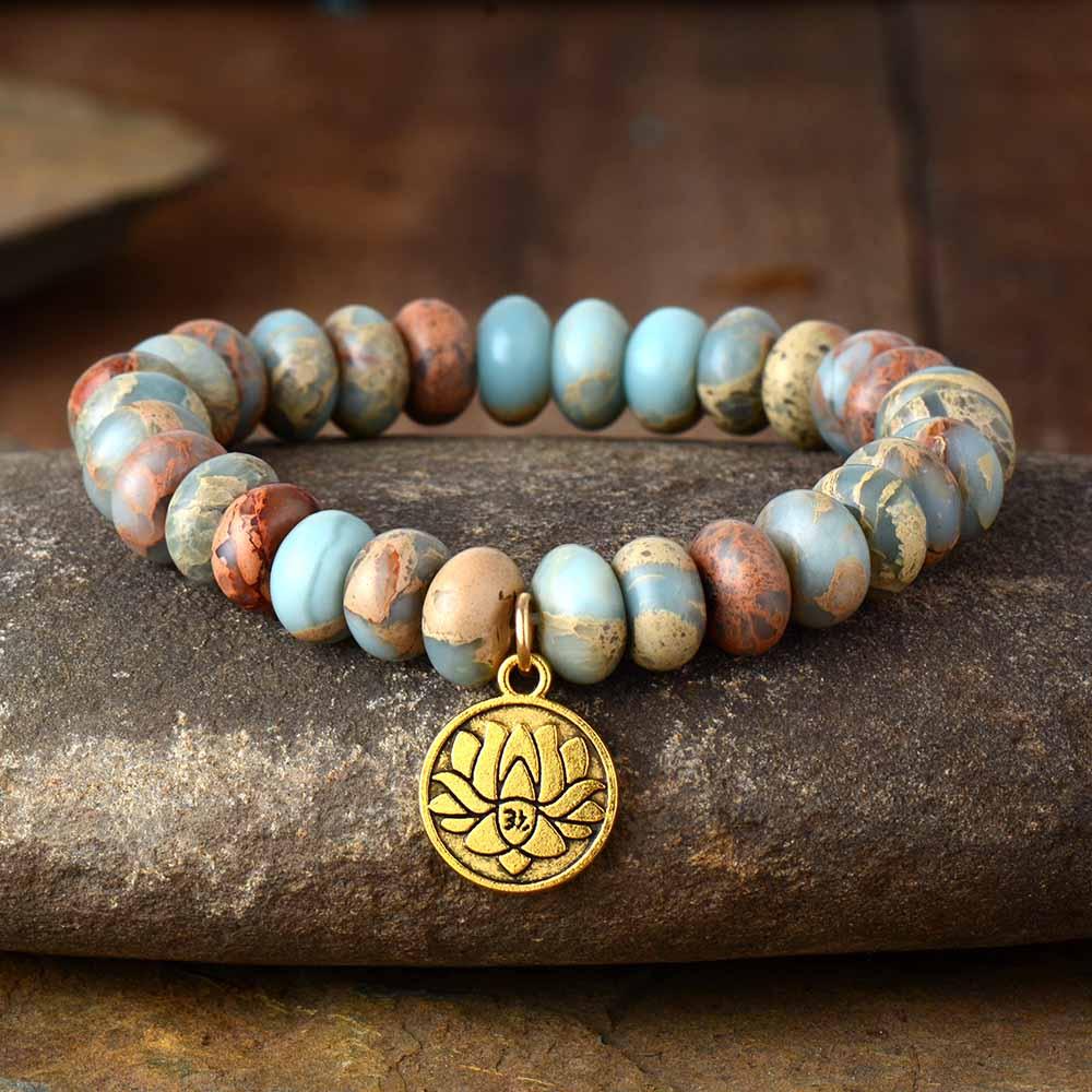 Earthy Jasper Stretchy Bracelet with Lotus Charm - Womens Bracelets Crystal Bracelet - Allora Jade