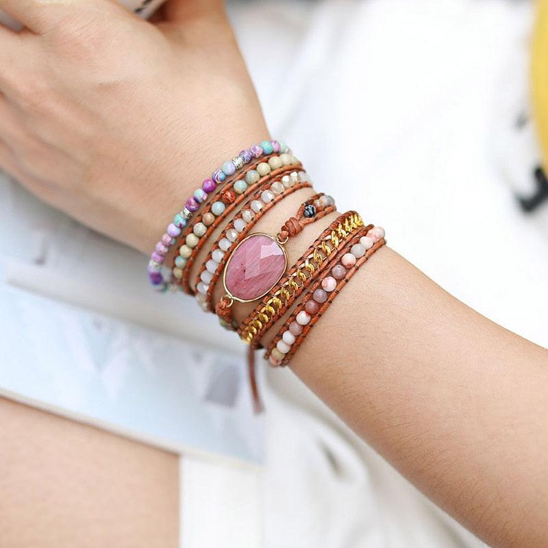 Rhodonite Charm & Mixed Crystals Wrap Bracelet - Womens Bracelets Crystal Bracelet - Allora Jade