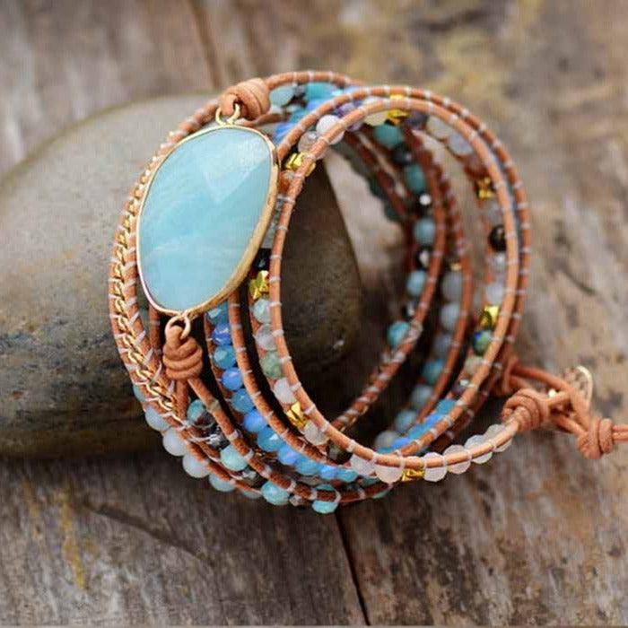 Amazonite Charm Beads & Rhinestones Wrap Bracelet - Womens Bracelets Crystal Bracelet - Allora Jade