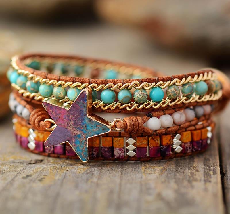 Agate & Jasper Star Charm Wrap Bracelet - Womens Bracelets Crystal Bracelet - Allora Jade