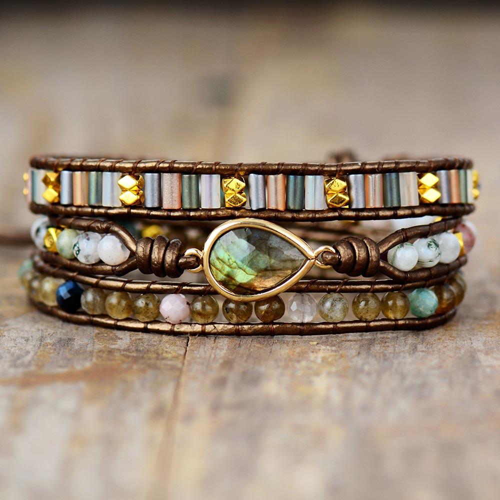Labradorite & Rhinestone Wrap Bracelet - Womens Bracelets Crystal Bracelet - Allora Jade