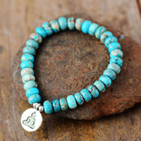 Blue Jasper Stretchy Bracelet w/ Yogi Charm - Womens Bracelets Crystal Bracelet - Allora Jade