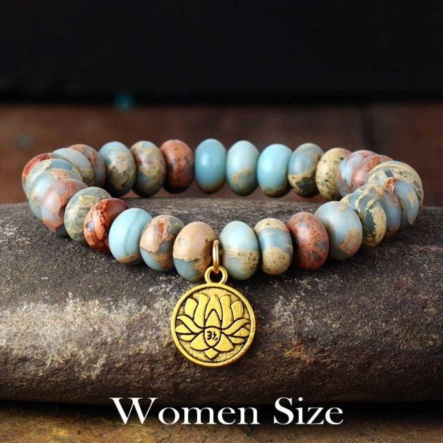 Earthy Jasper Stretchy Bracelet with Lotus Charm - Womens Bracelets Crystal Bracelet - Allora Jade