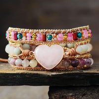 Amazonite, Quartz & Rose Quartz Heart Charm Wrap Bracelet - Womens Bracelets Crystal Bracelet - Allora Jade