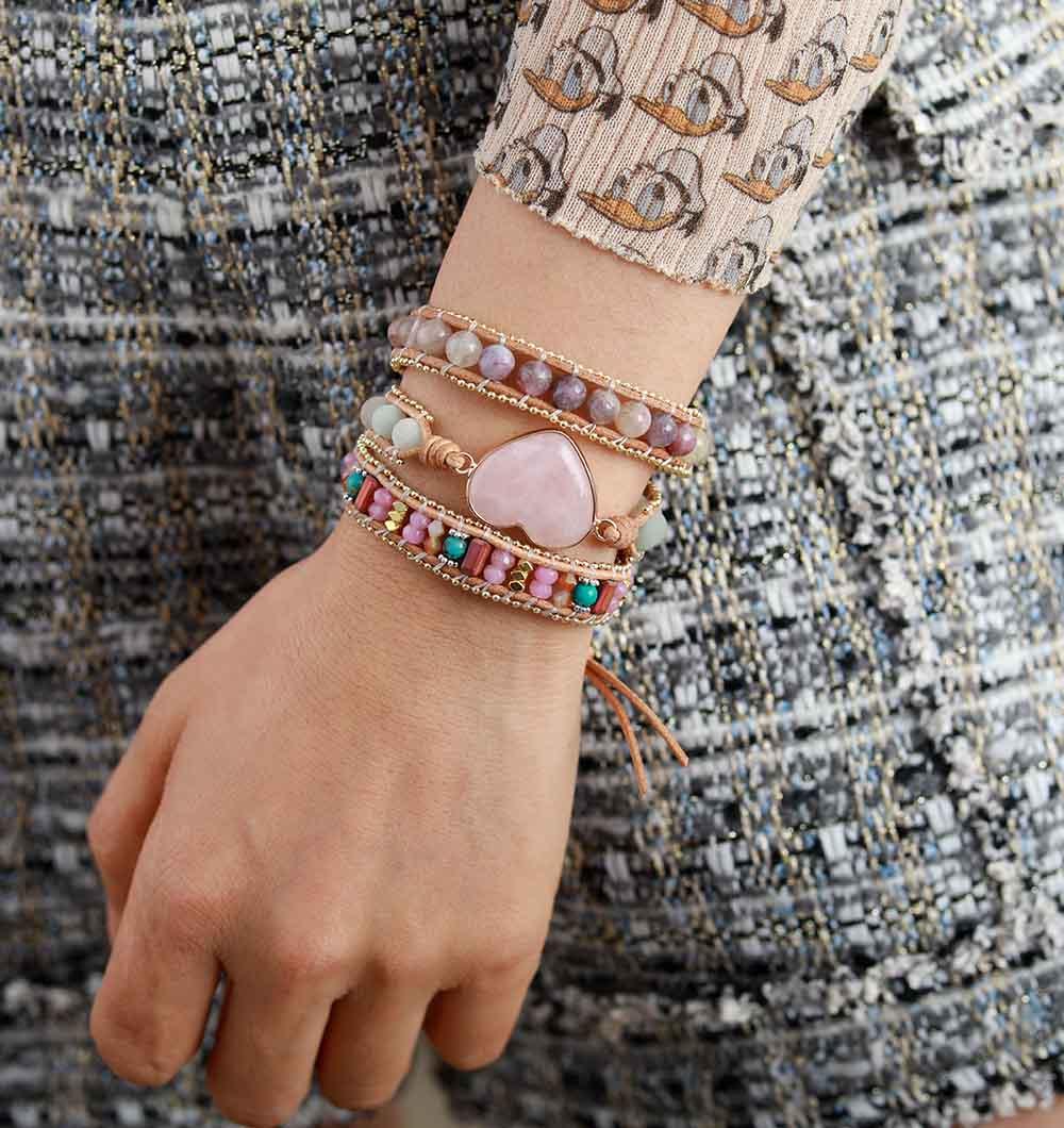 Amazonite, Quartz & Rose Quartz Heart Charm Wrap Bracelet - Womens Bracelets Crystal Bracelet - Allora Jade