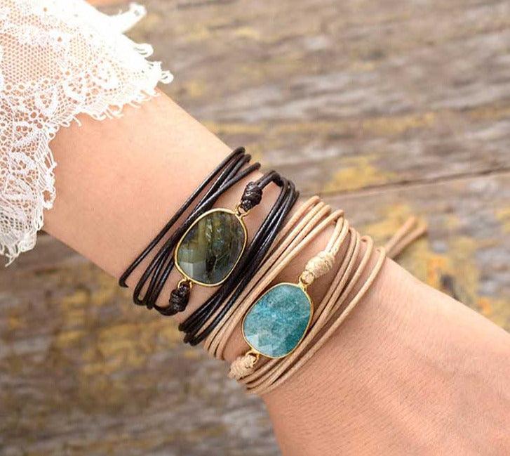 Natural Amazonite Charm Wax Cord Wrap Bracelet - 2 colours - Womens Bracelets Crystal Bracelet - Allora Jade