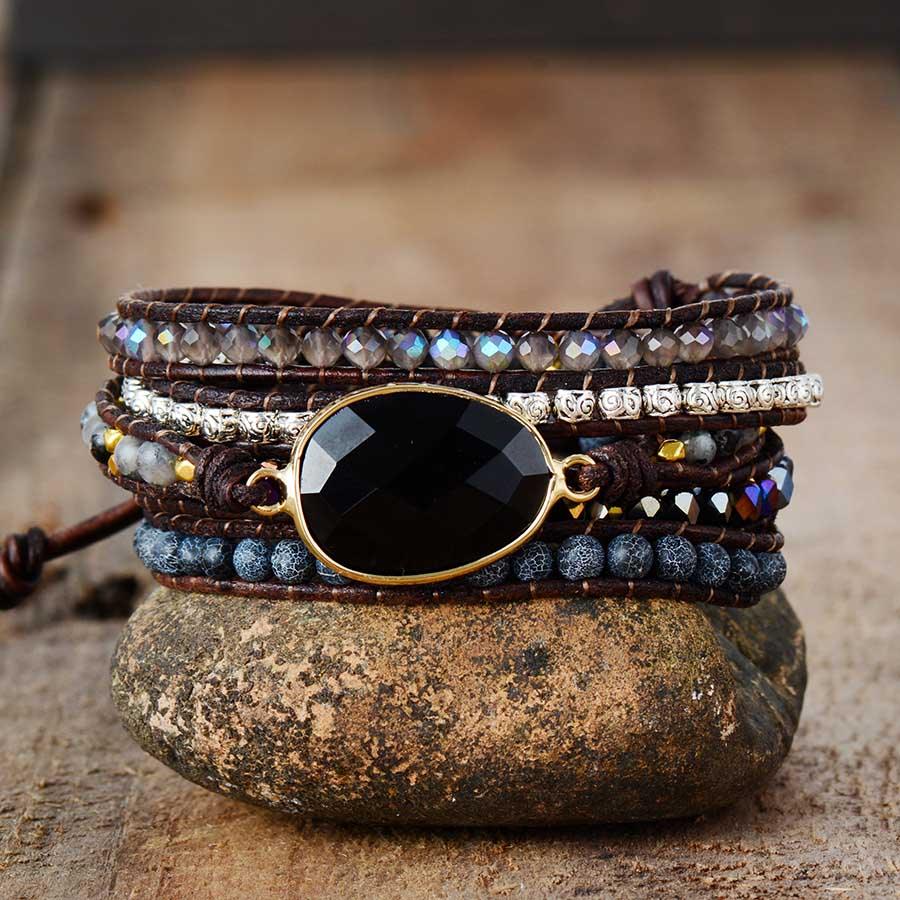 Onyx, Rhinestone & Tibetan Beads Wrap Bracelet - Womens Bracelets Crystal Bracelet - Allora Jade