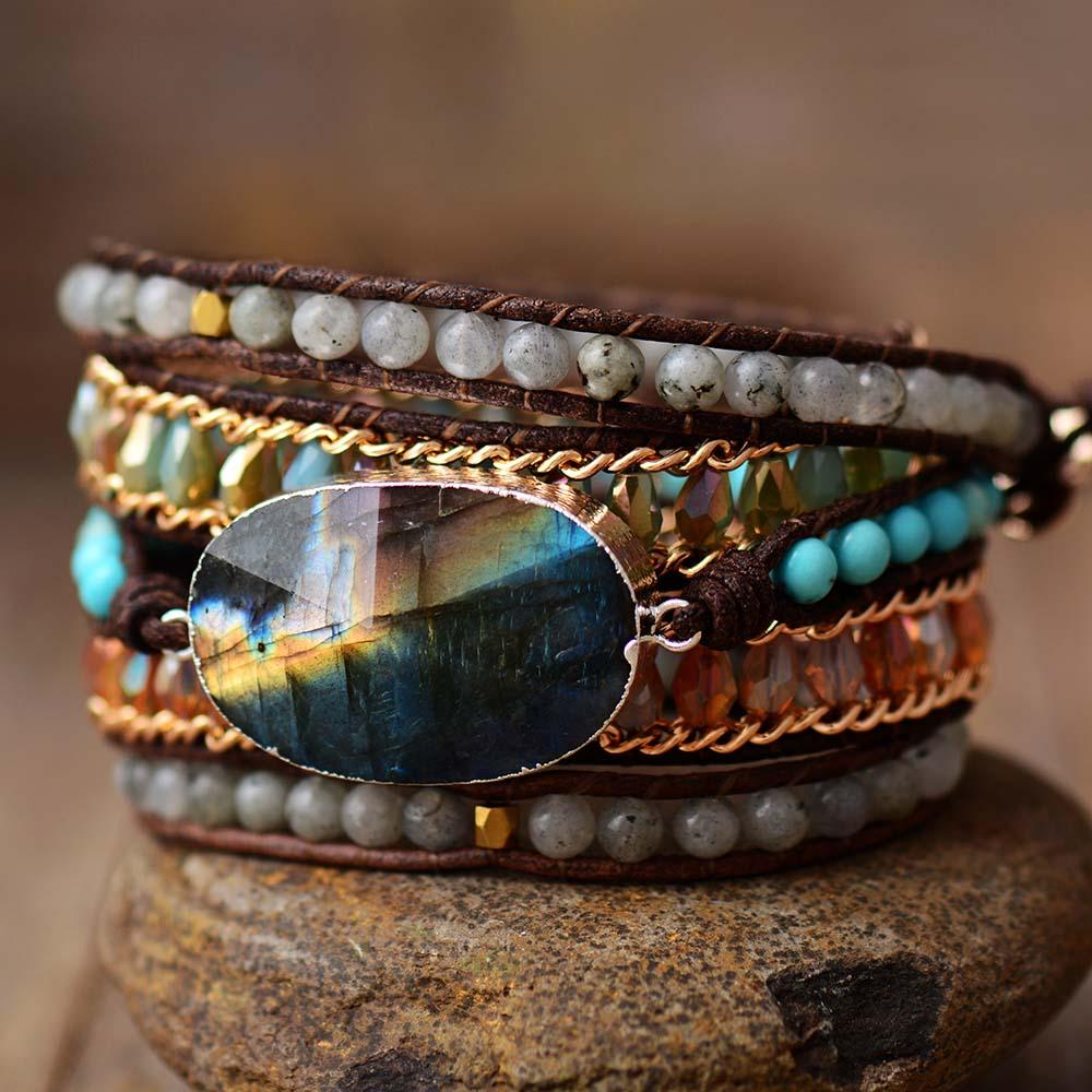 Labradorite Charm & Jasper Wrap Bracelet - Womens Bracelets Crystal Bracelet - Allora Jade