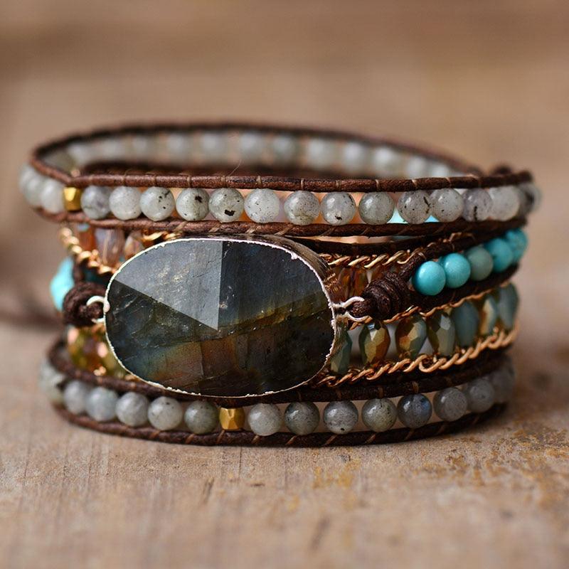 Labradorite Charm & Jasper Wrap Bracelet - Womens Bracelets Crystal Bracelet - Allora Jade