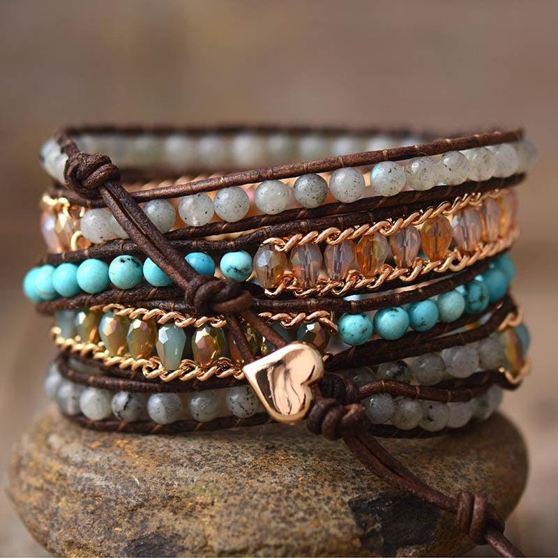 Labradorite Charm & Jasper Wrap Bracelet - Womens Bracelets Crystal Bracelet - Allora Jade