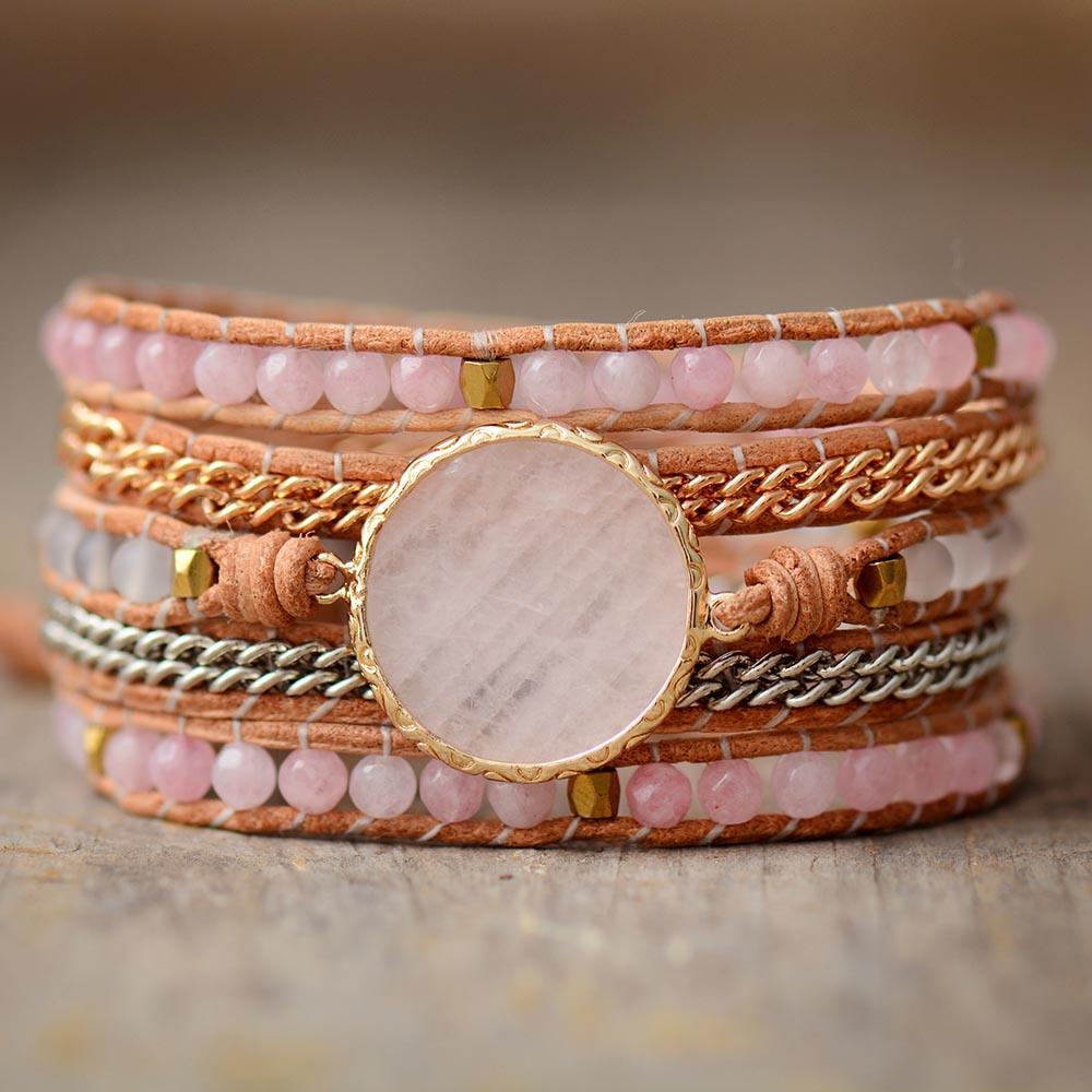 Rose Quartz & White Onyx Wrap Bracelet - Womens Bracelets Crystal Bracelet - Allora Jade