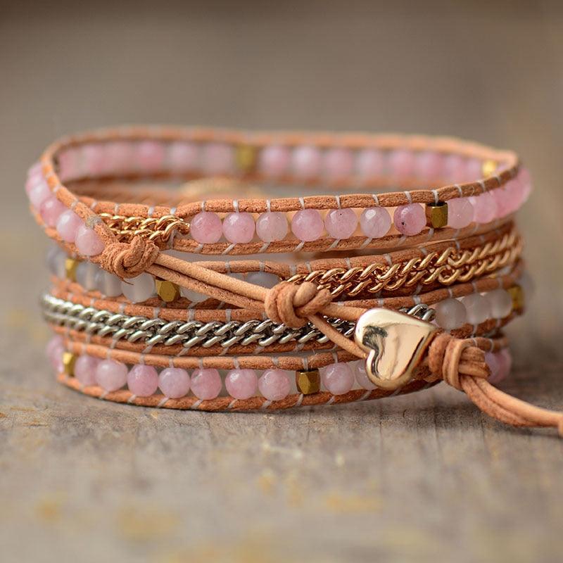 Rose Quartz & White Onyx Wrap Bracelet - Womens Bracelets Crystal Bracelet - Allora Jade