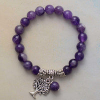 Amethyst Stretchy Bracelet w/ Tree of Life Charm - Womens Bracelets Crystal Bracelet - Allora Jade