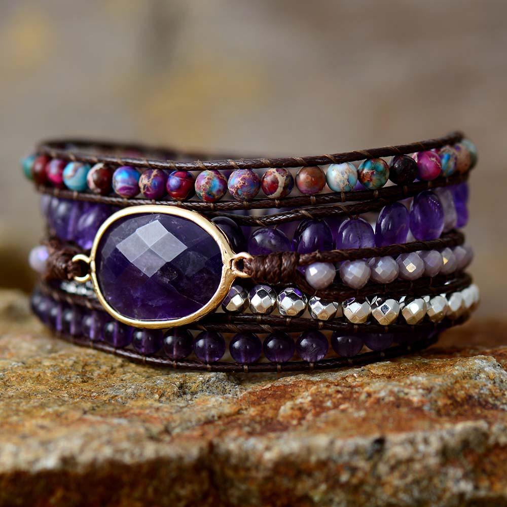 Amethyst Charm & Jasper Wax Cord Wrap Bracelet - Womens Bracelets Crystal Bracelet - Allora Jade