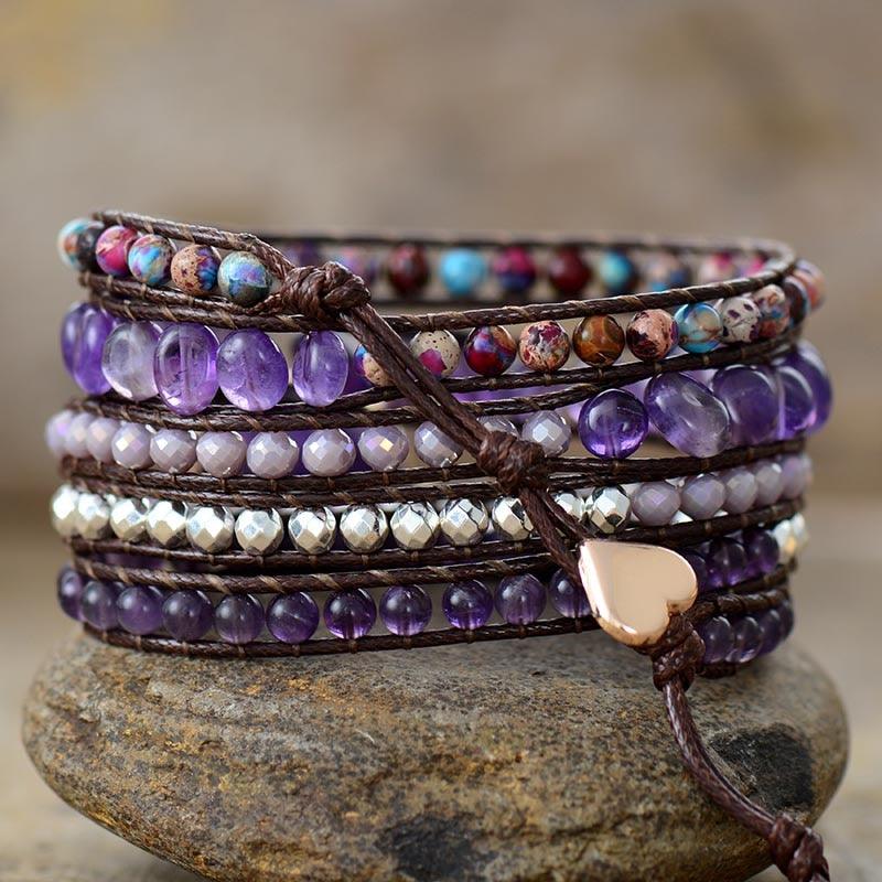 Amethyst Charm & Jasper Wax Cord Wrap Bracelet - Womens Bracelets Crystal Bracelet - Allora Jade