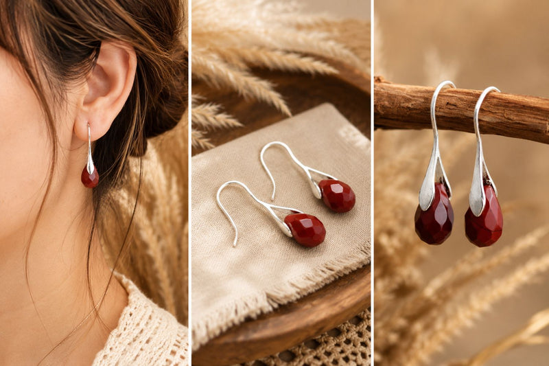 Red Jasper drop earrings styled in a warm bohemian collage with model, flat lay and close-up jewellery images.