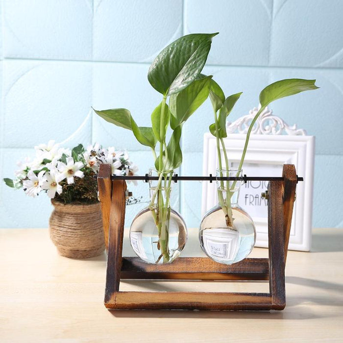 'Bubble' Glass and Wood 2 Pot Vase - Allora Jade