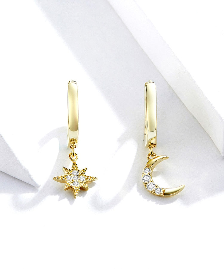 'Moon and Star' CZ and Sterling Silver Dangle Earrings - Allora Jade