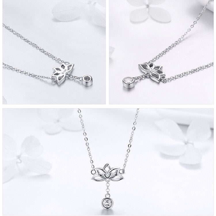 'Lotus Flower' CZ and Sterling Silver Pendant Necklace - Allora Jade