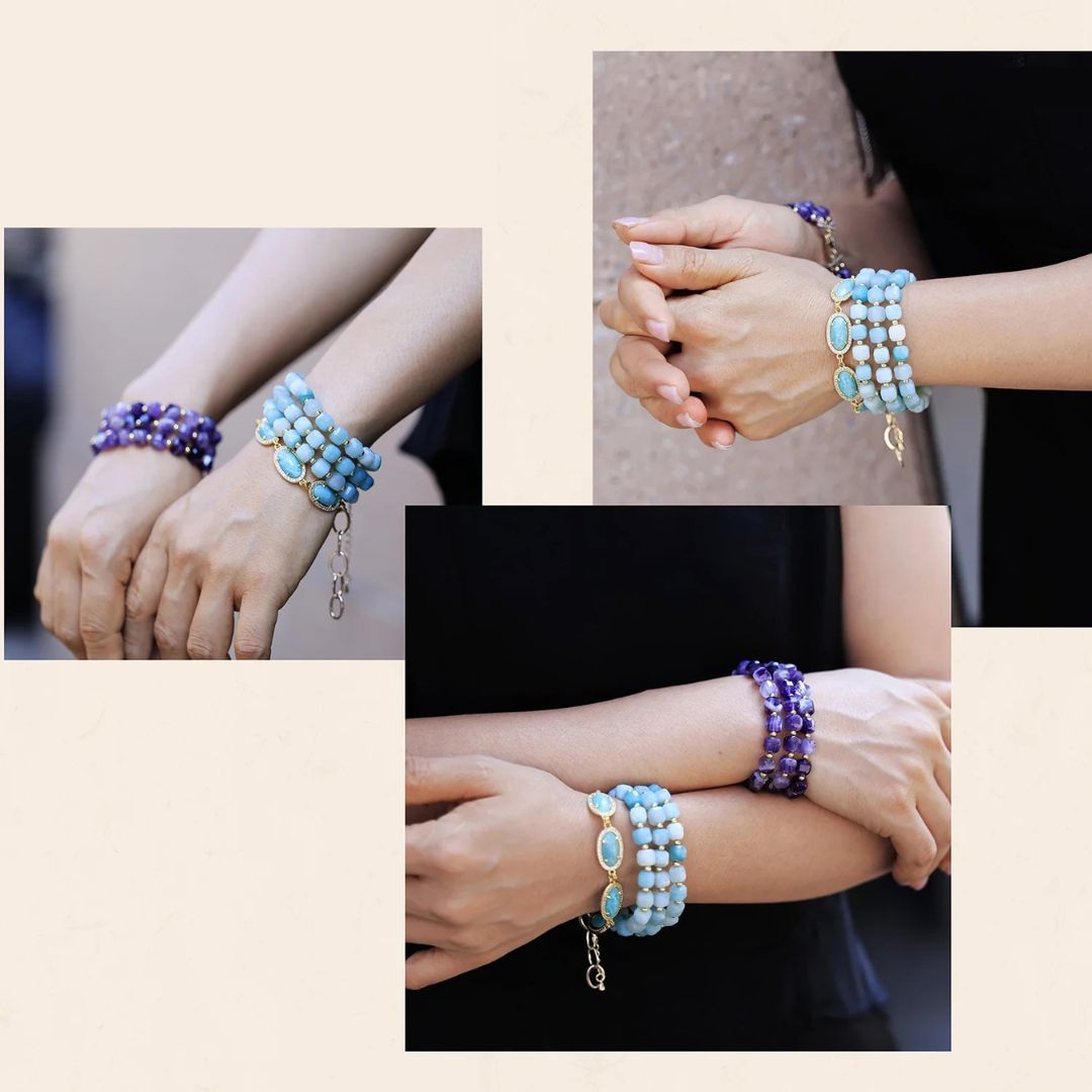 Collage of hands wearing purple and turquoise beaded bracelets.